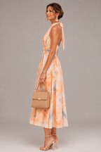 Aurora watercolor halter neck maxi dress, styled view