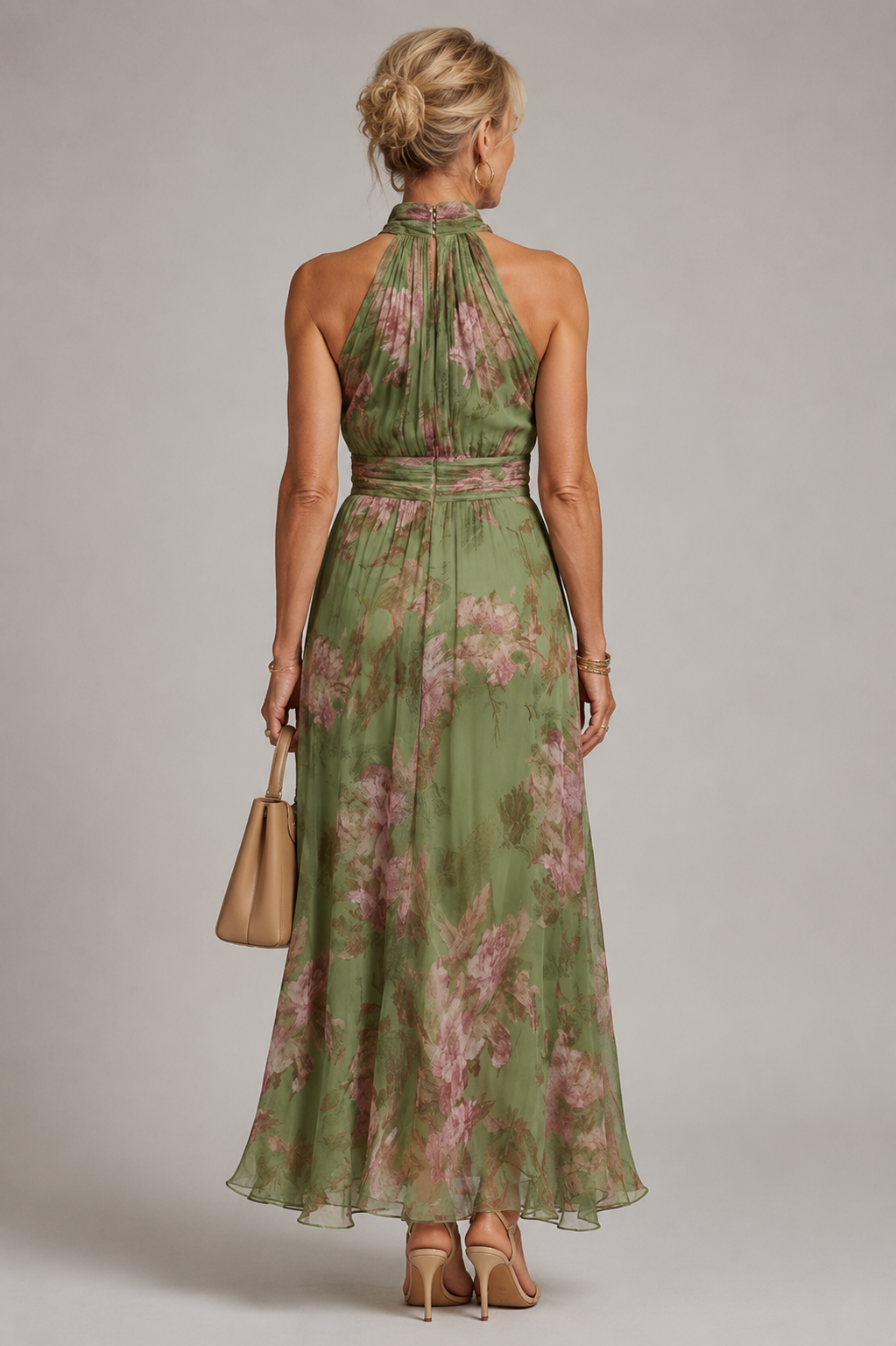 Julia floral halter neck maxi dress, detail of waistband and flowing skirt