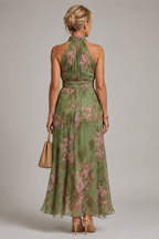 Julia floral halter neck maxi dress, detail of waistband and flowing skirt