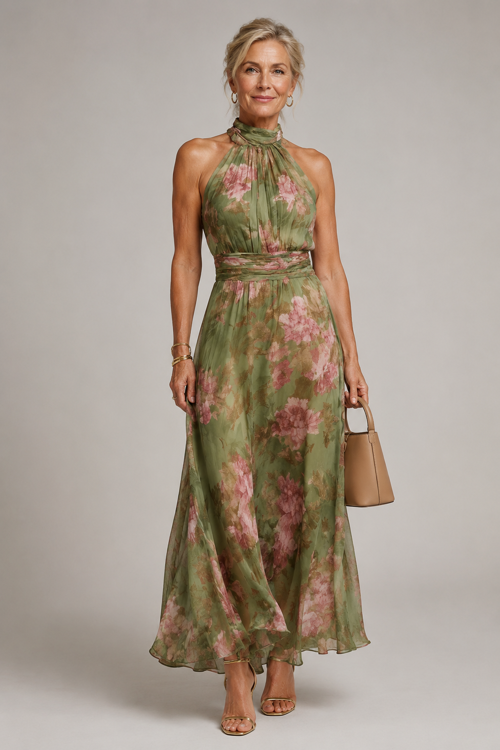 Julia floral halter neck maxi dress in green with rose floral print, full-length front view