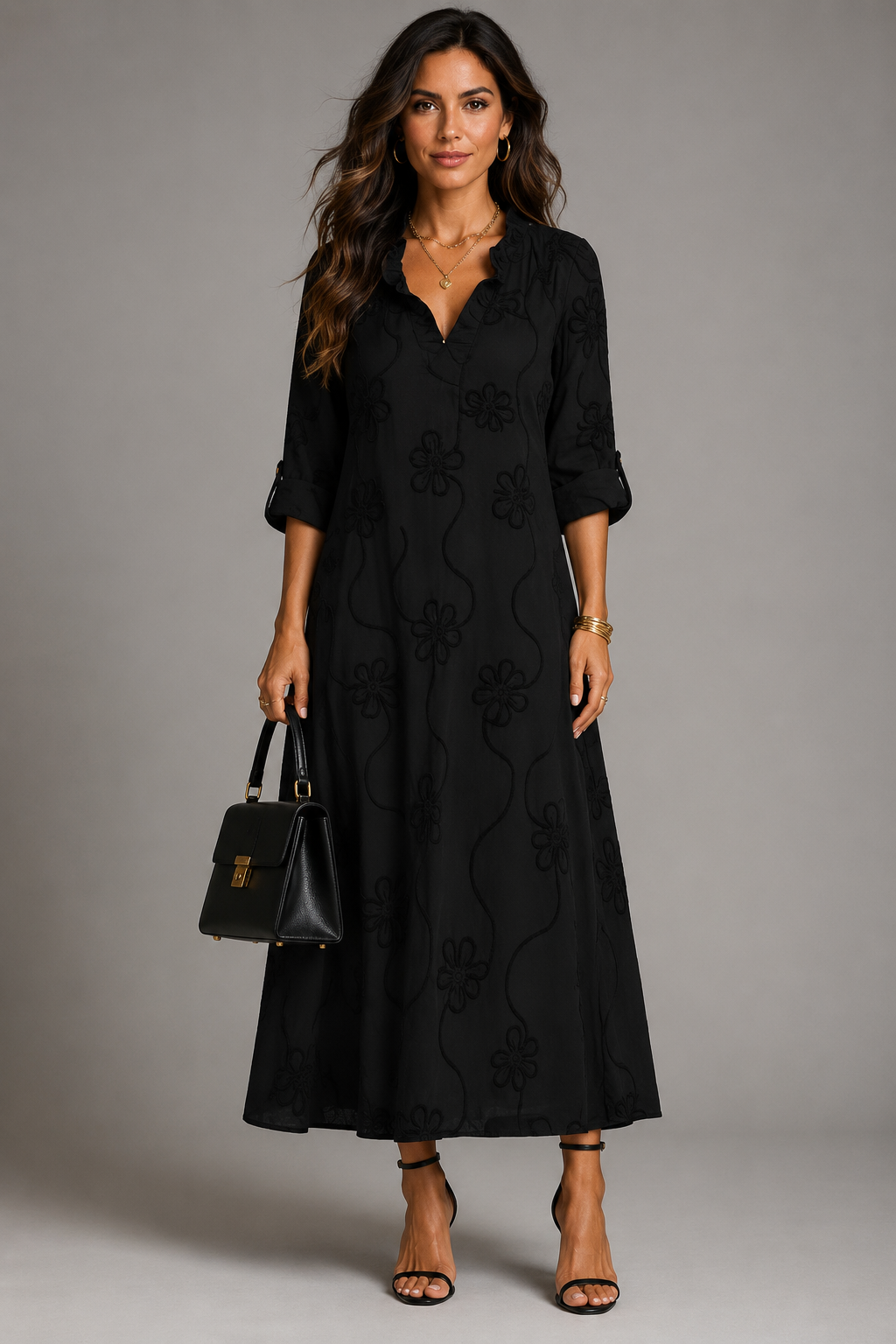 Sienna floral V-neck midi dress in black, front view