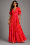 Olvera floral puff sleeve maxi dress in vibrant pink and orange, front view