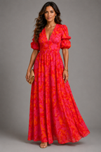Olvera floral puff sleeve maxi dress in vibrant pink and orange, front view