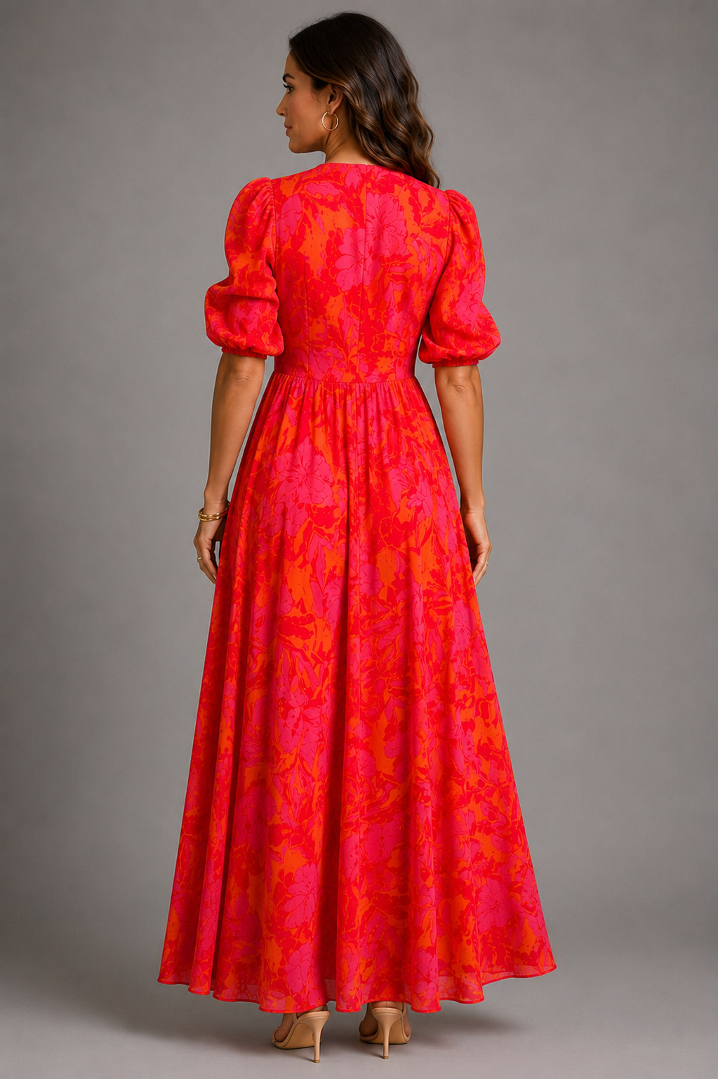 Olvera maxi dress with V-neckline and puff sleeves
