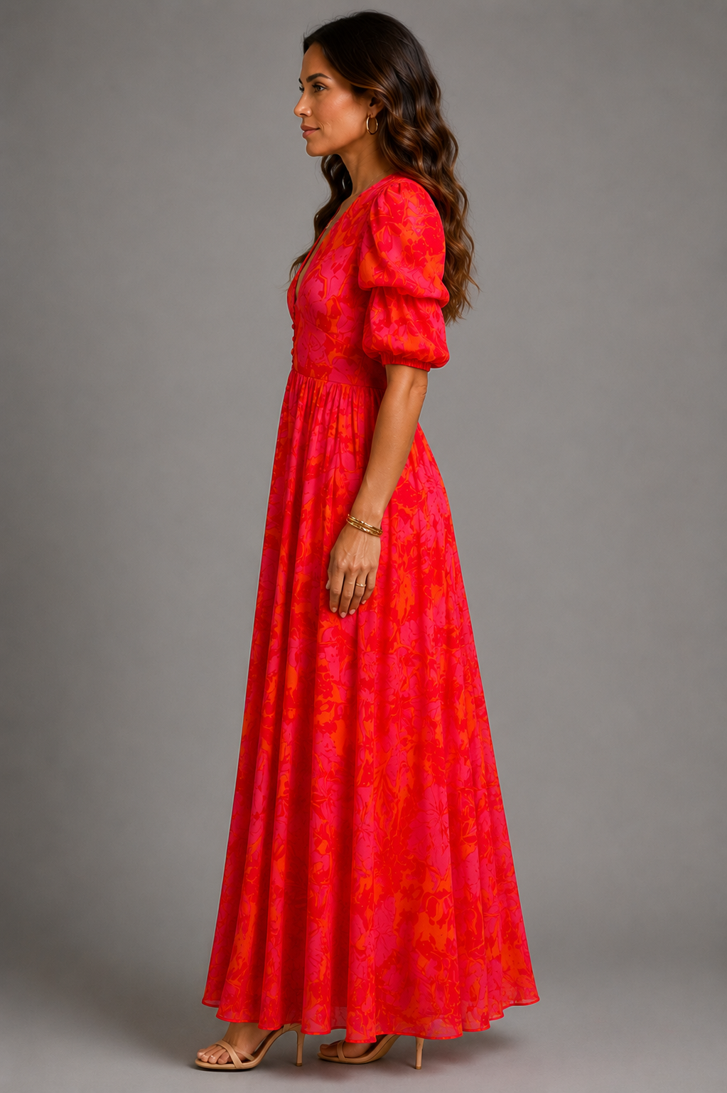 Olvera floral maxi dress, side view with flowing skirt