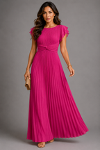 Selena pleated flutter sleeve maxi dress in pink, front view
