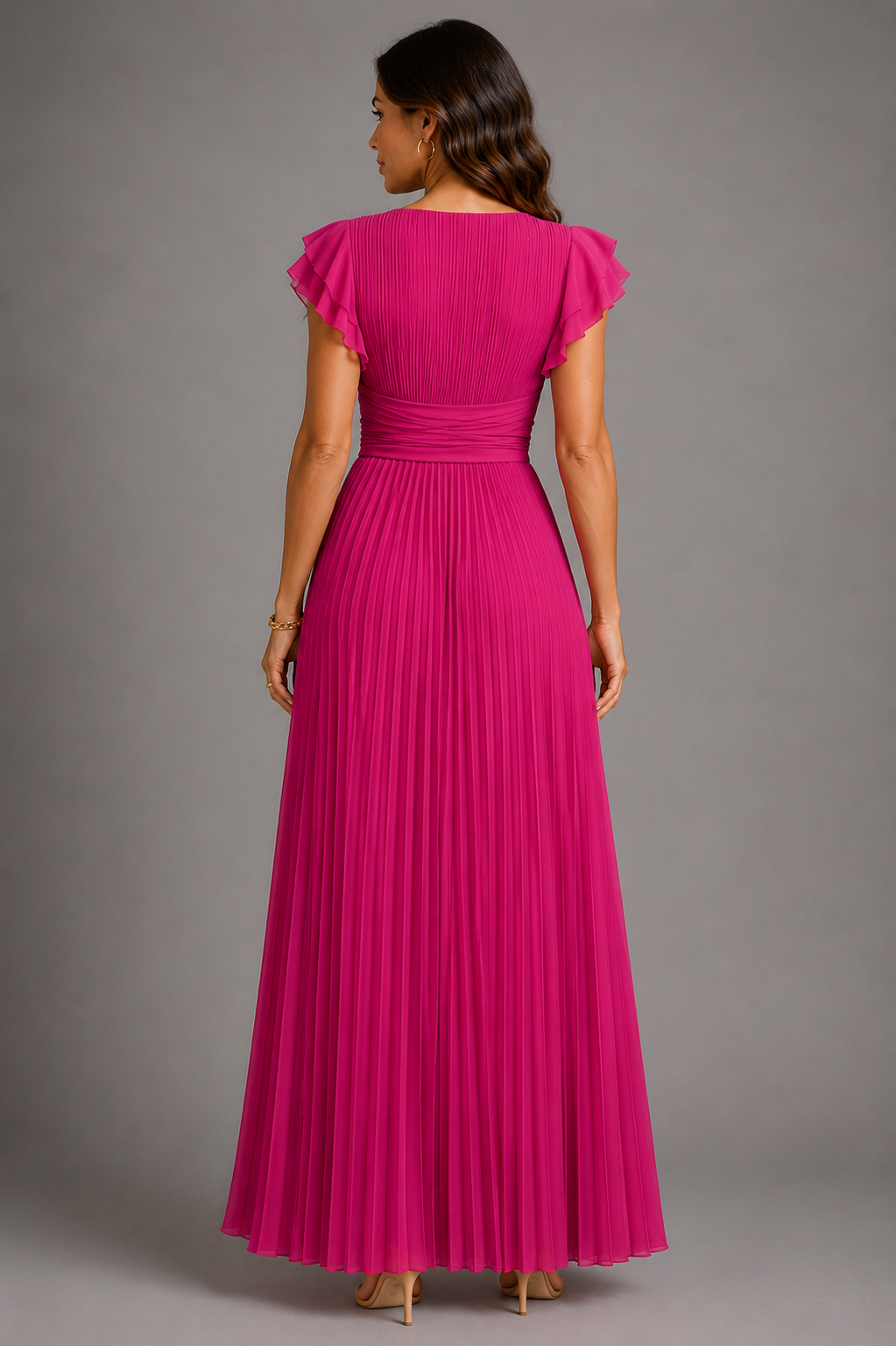 Selena pleated maxi dress in pink, full length view