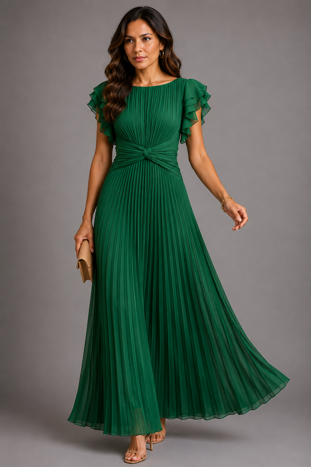 Selena pleated maxi dress, styled evening look