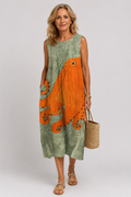 Tess sleeveless midi dress in sage green with orange octopus print, front view
