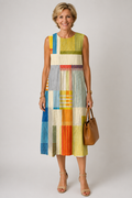 Eve multicolor geometric print sleeveless midi dress with relaxed fit, front view