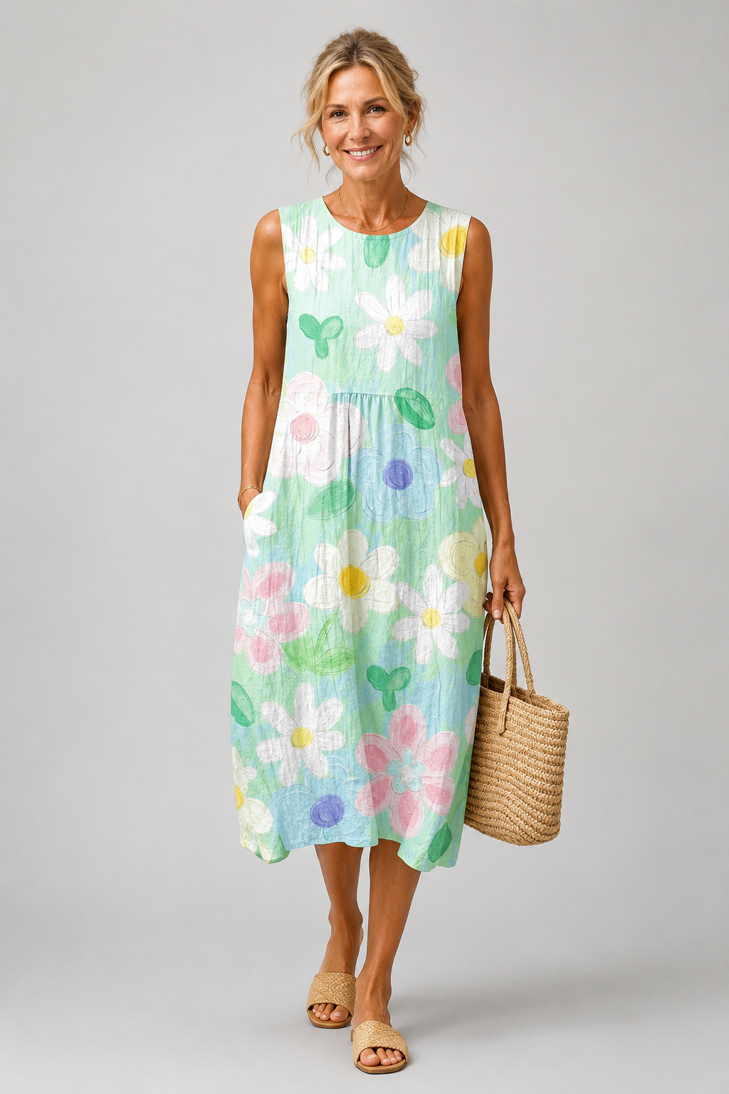 Erin pastel floral sleeveless midi dress, front view