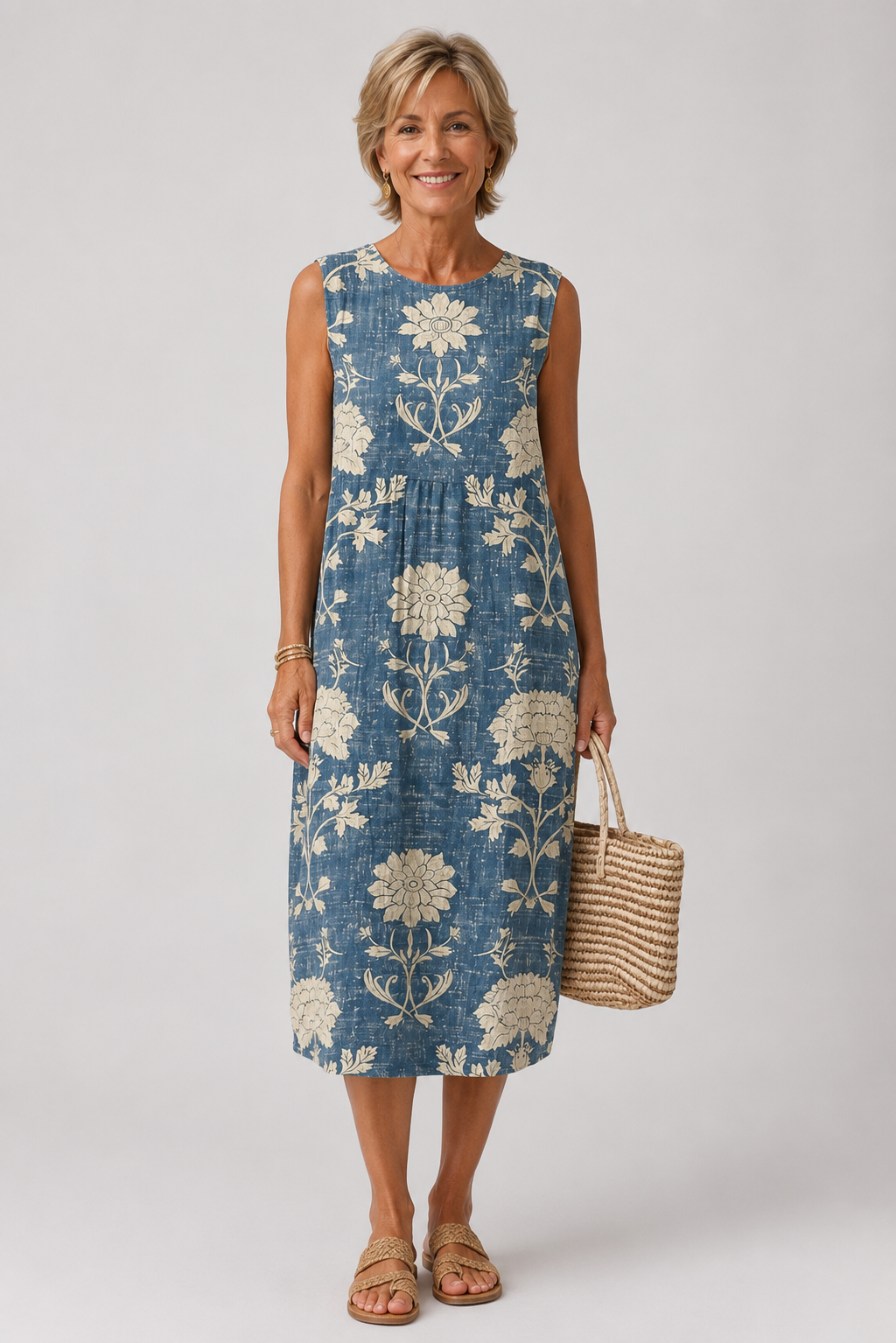 Belle sleeveless midi dress with cream floral print on denim blue, front view