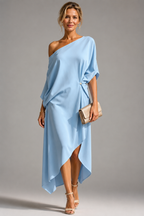 Camila one-shoulder asymmetric midi dress in light blue, full-length front view