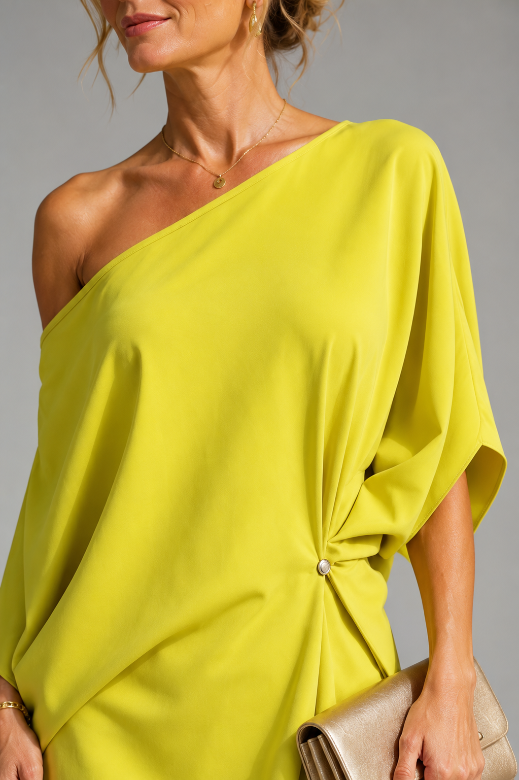 Camila one-shoulder asymmetric midi dress in yellow, close-up of draped neckline