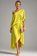 Camila one-shoulder asymmetric midi dress in yellow, full-length front view