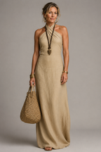 Maaike linen halter neck maxi dress in khaki, full-length front view