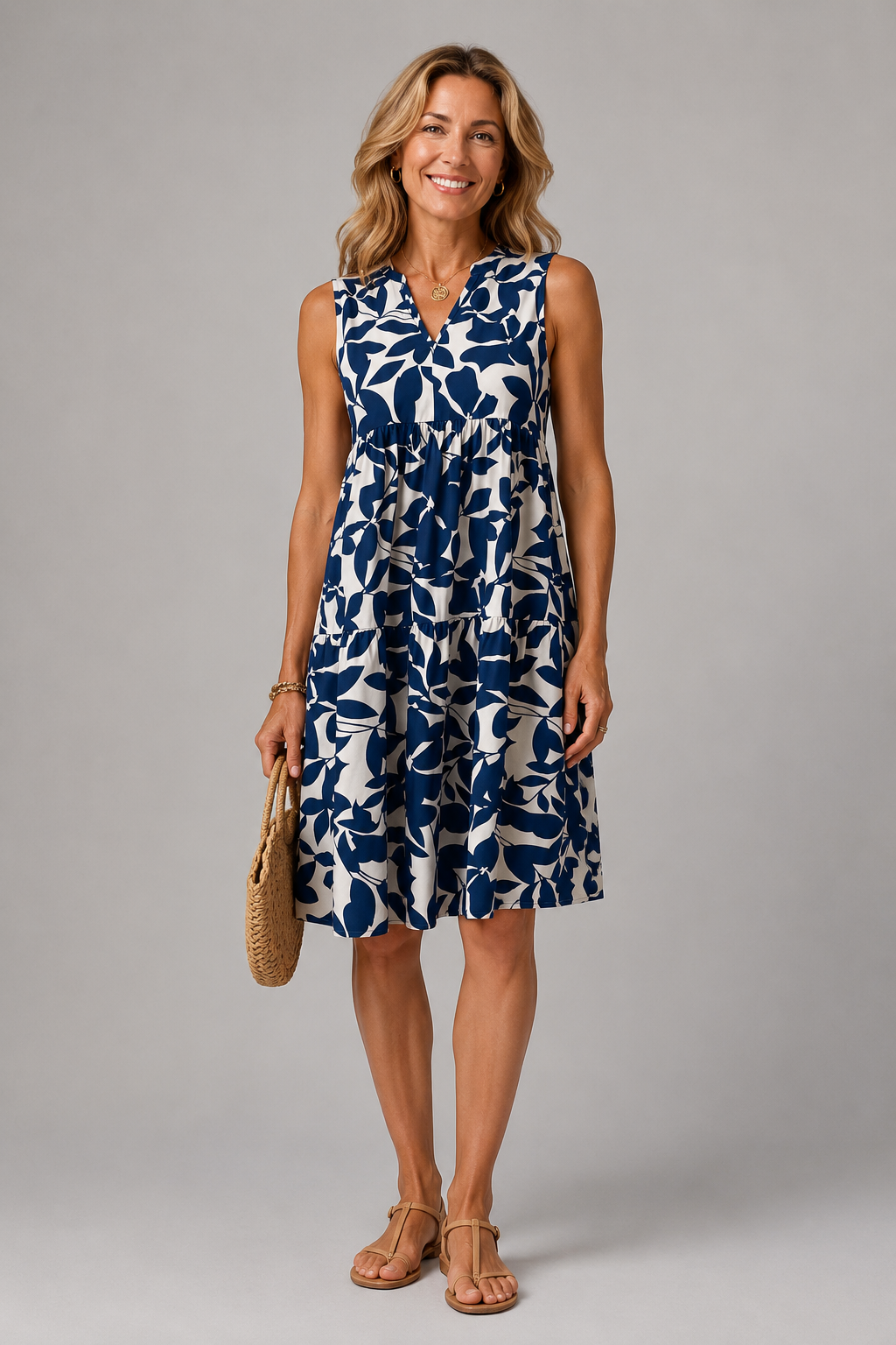 Maaike floral sleeveless midi dress in blue botanical print, front view