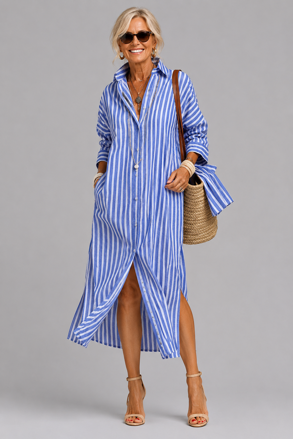 Lumera striped shirt midi dress in blue, front view