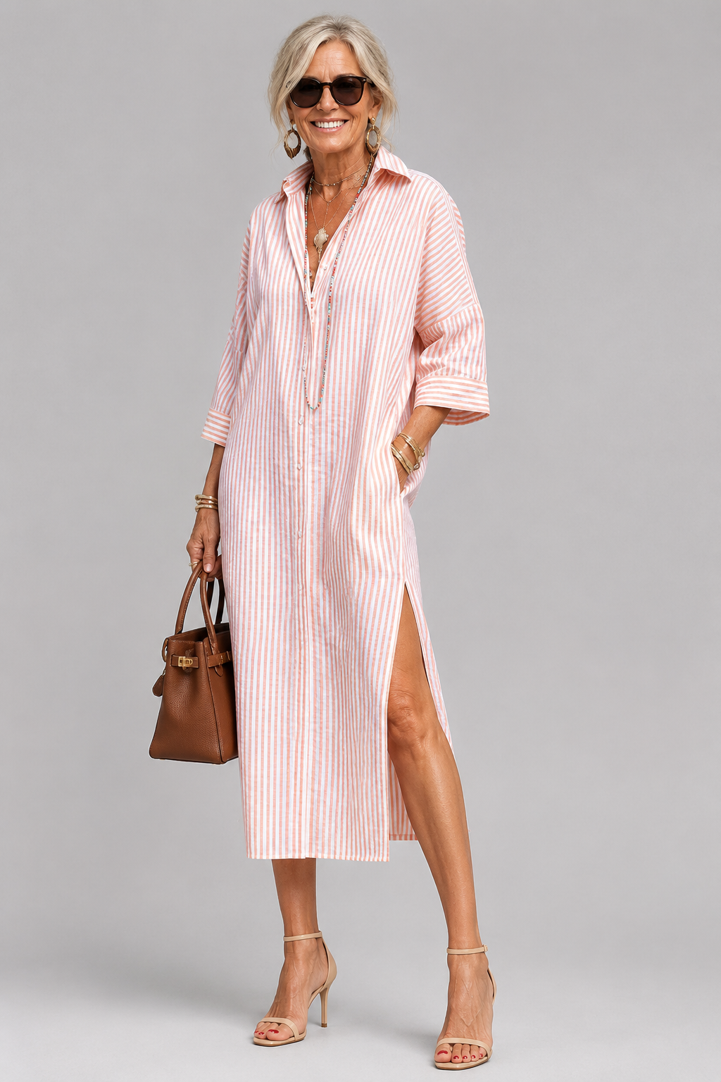 Lumera striped shirt midi dress in pink, front view with belt