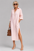 Lumera striped shirt midi dress in pink, front view with belt