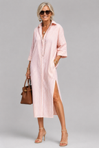 Lumera striped shirt midi dress in pink, front view with belt