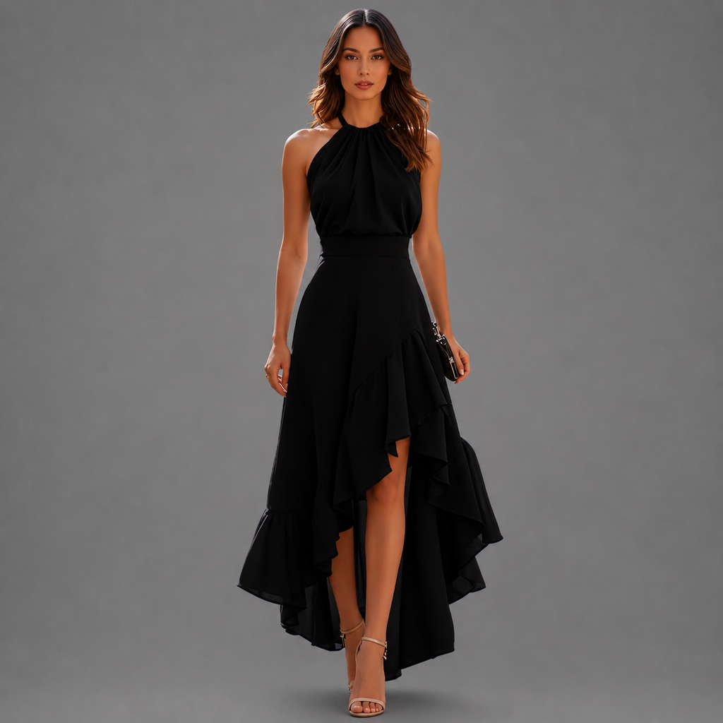 Celene - Elegant Asymmetrical Halter Dress