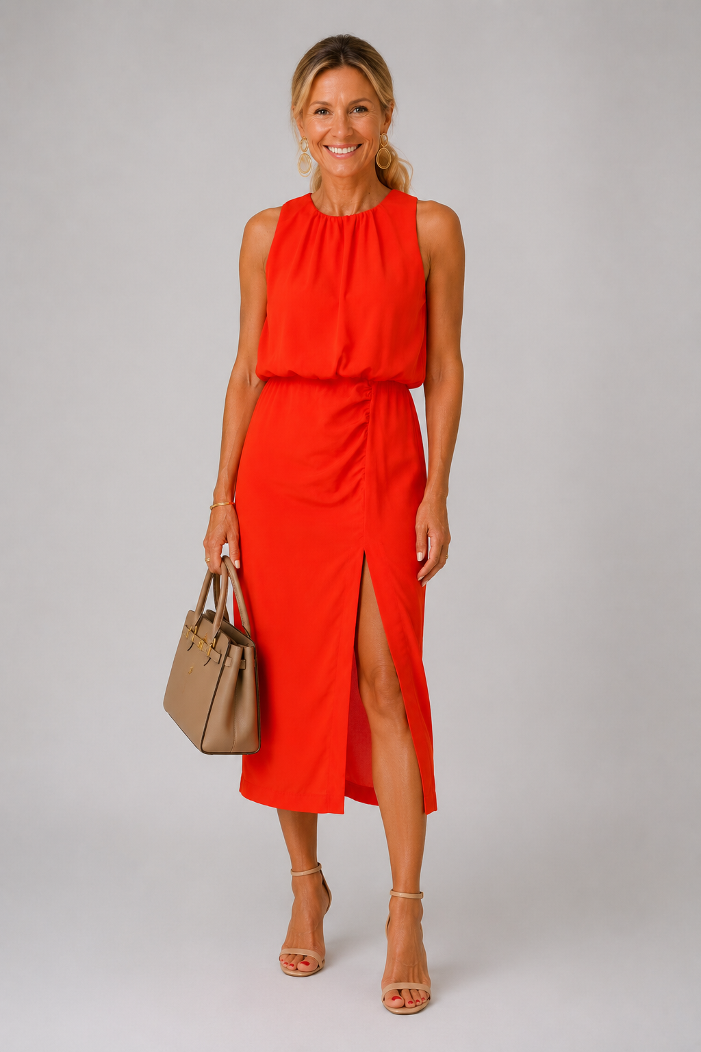 Nikki halter neck slit midi dress in orange, full-length front view