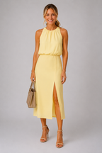 Nikki halter neck slit midi dress in yellow, full-length front view