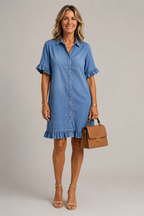 Denim ruffle trim shirt dress in blue, front view