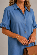 Denim ruffle trim shirt dress in blue, detail view