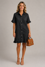 Denim ruffle trim shirt dress, ruffle sleeve detail