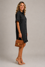 Denim ruffle trim shirt dress in black, front view