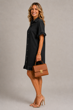 Denim ruffle trim shirt dress in black, styled look