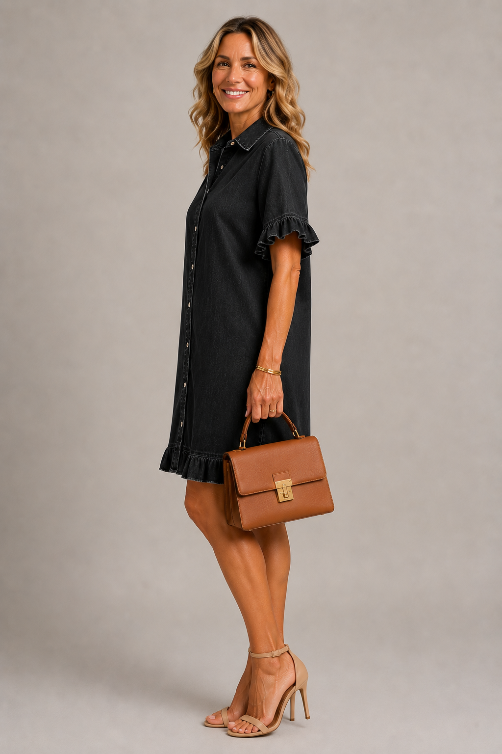 Denim ruffle trim shirt dress in black, styled look