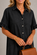 Denim ruffle trim shirt dress in black, detail view