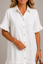 Denim ruffle trim shirt dress in white, front view