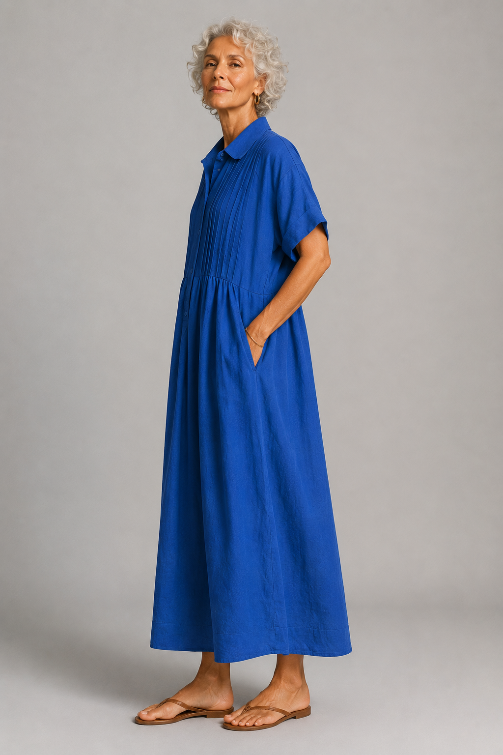 Azure short sleeve shirt maxi dress, side view