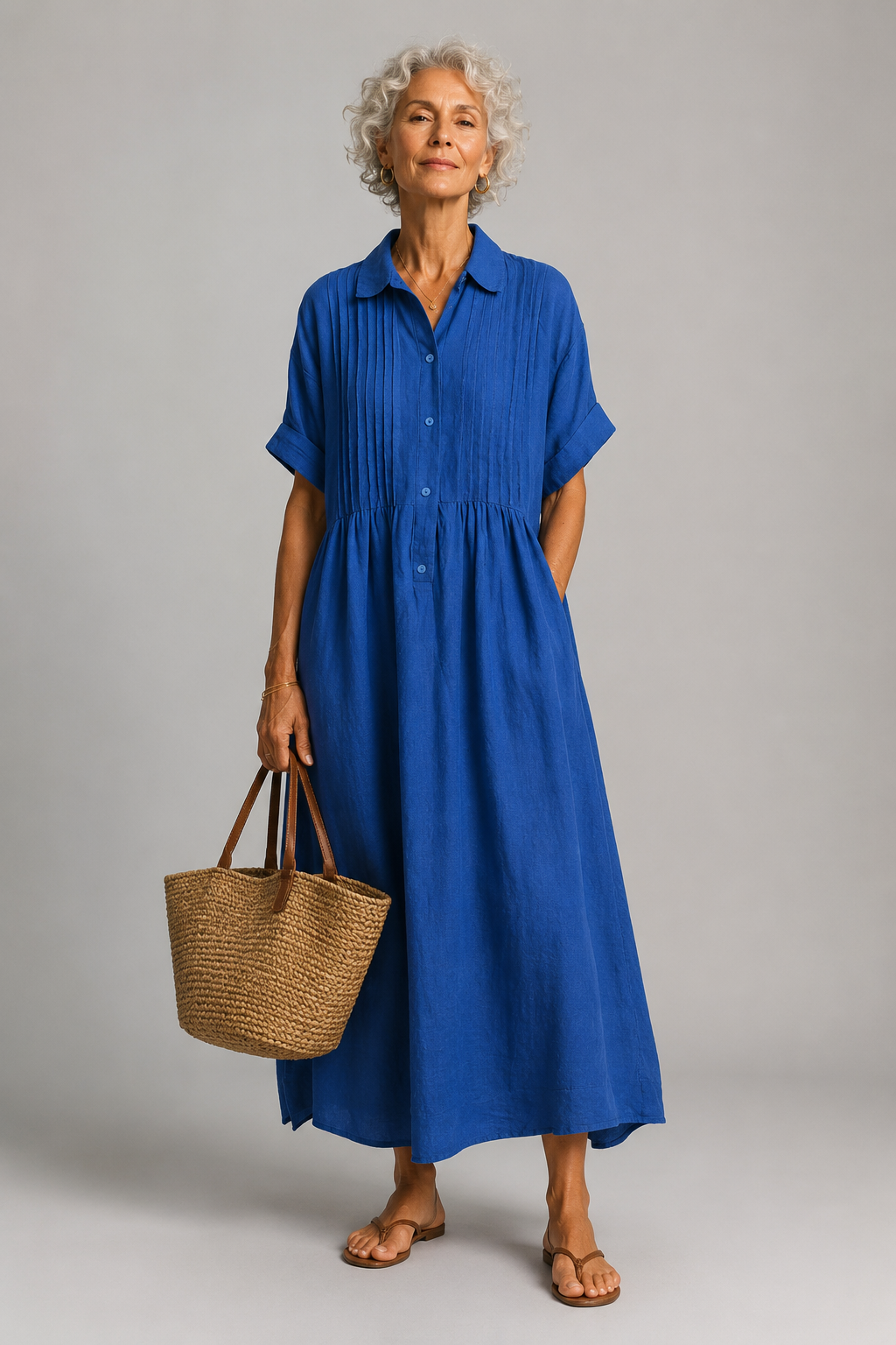 Azure short sleeve shirt maxi dress in blue, front view