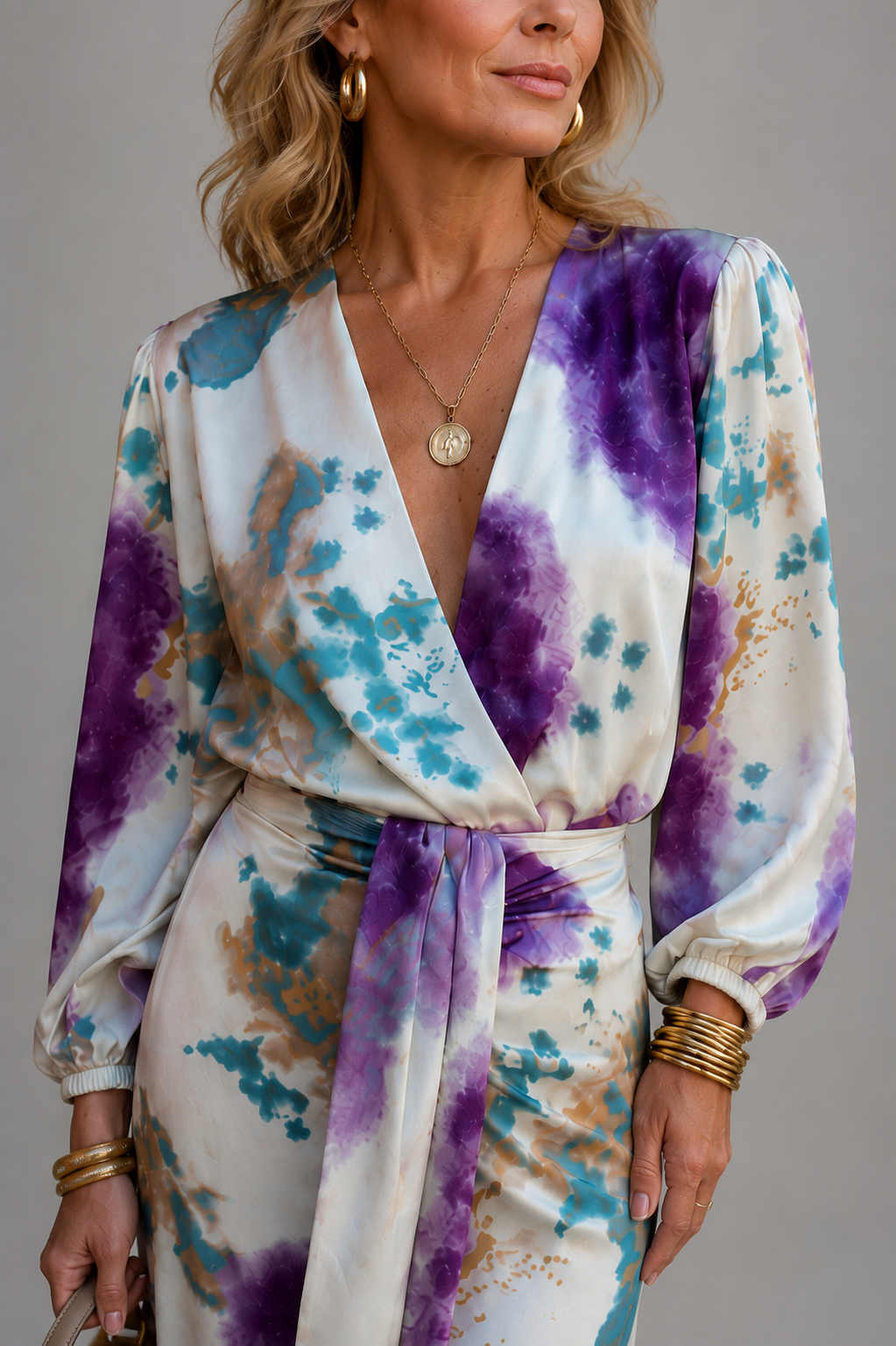 Close-up of the Cisca set's wrap-effect V-neck top with long sleeves