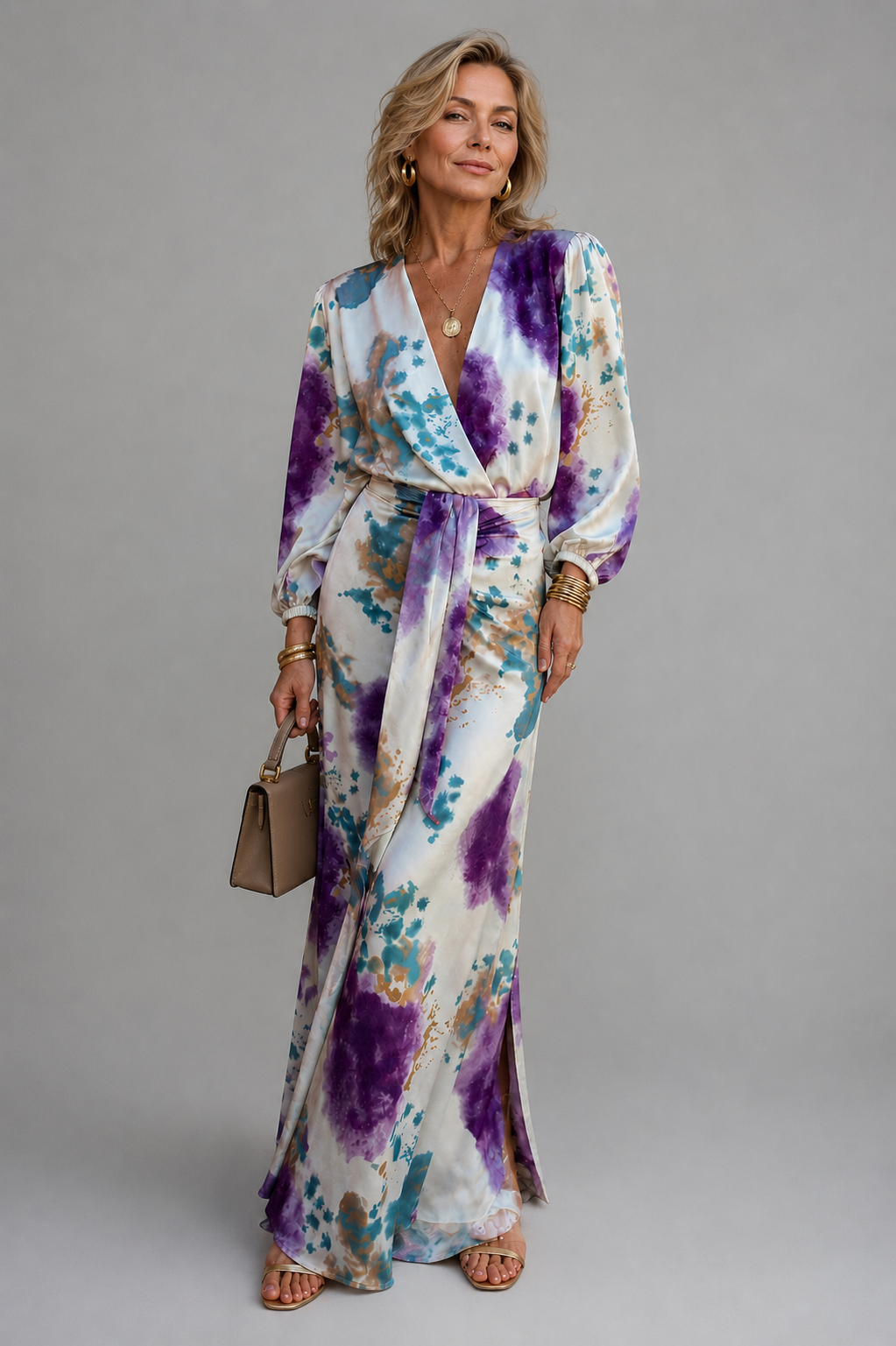 Cisca two-piece tie-dye maxi set in purple and teal, full-length front view
