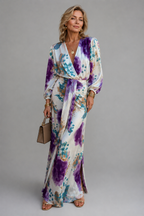 Cisca two-piece tie-dye maxi set in purple and teal, full-length front view