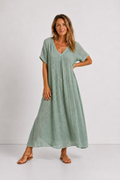Violet flowy V-neck maxi dress in peacock green, front view