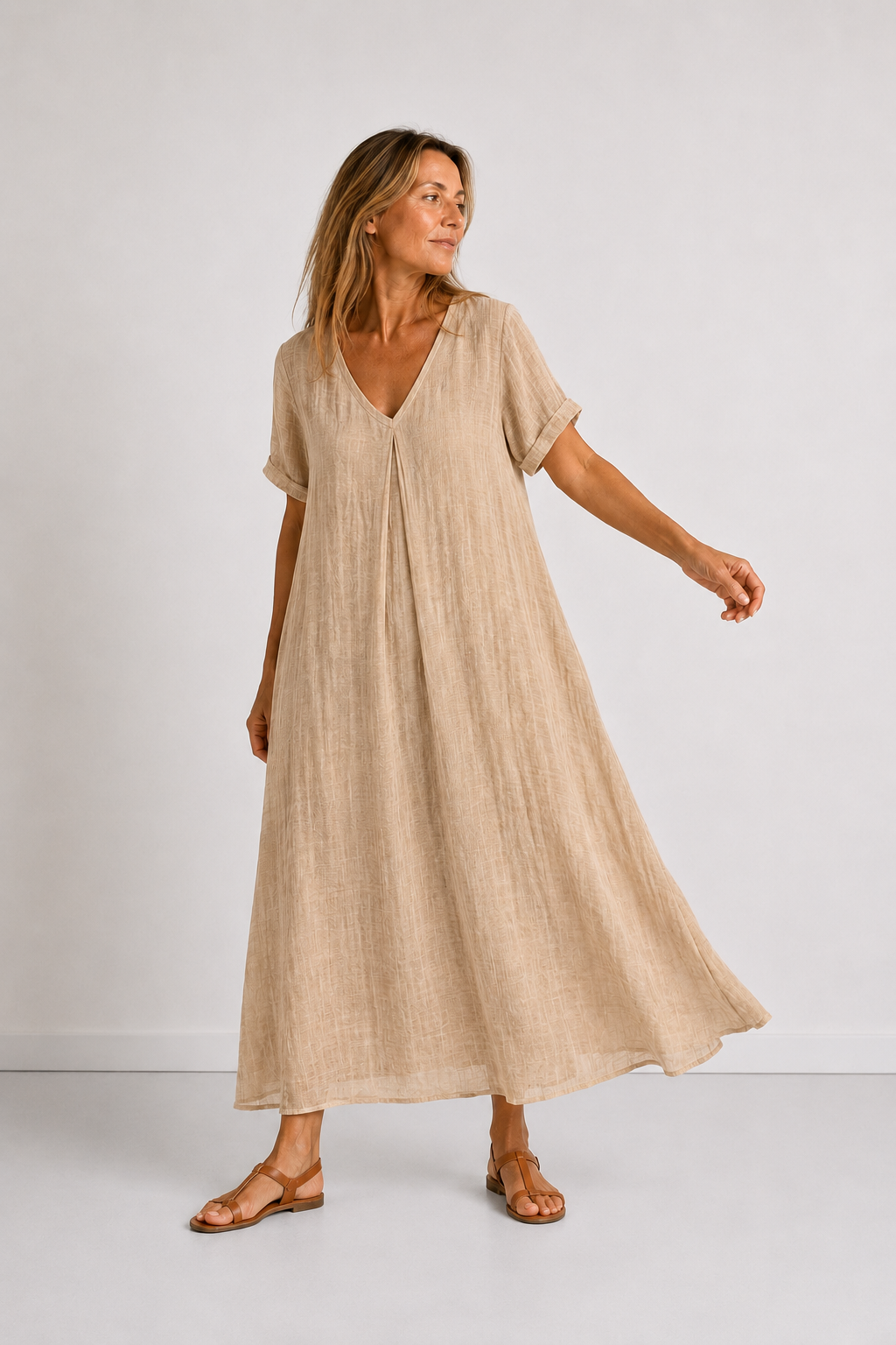 Violet flowy V-neck maxi dress, styled look