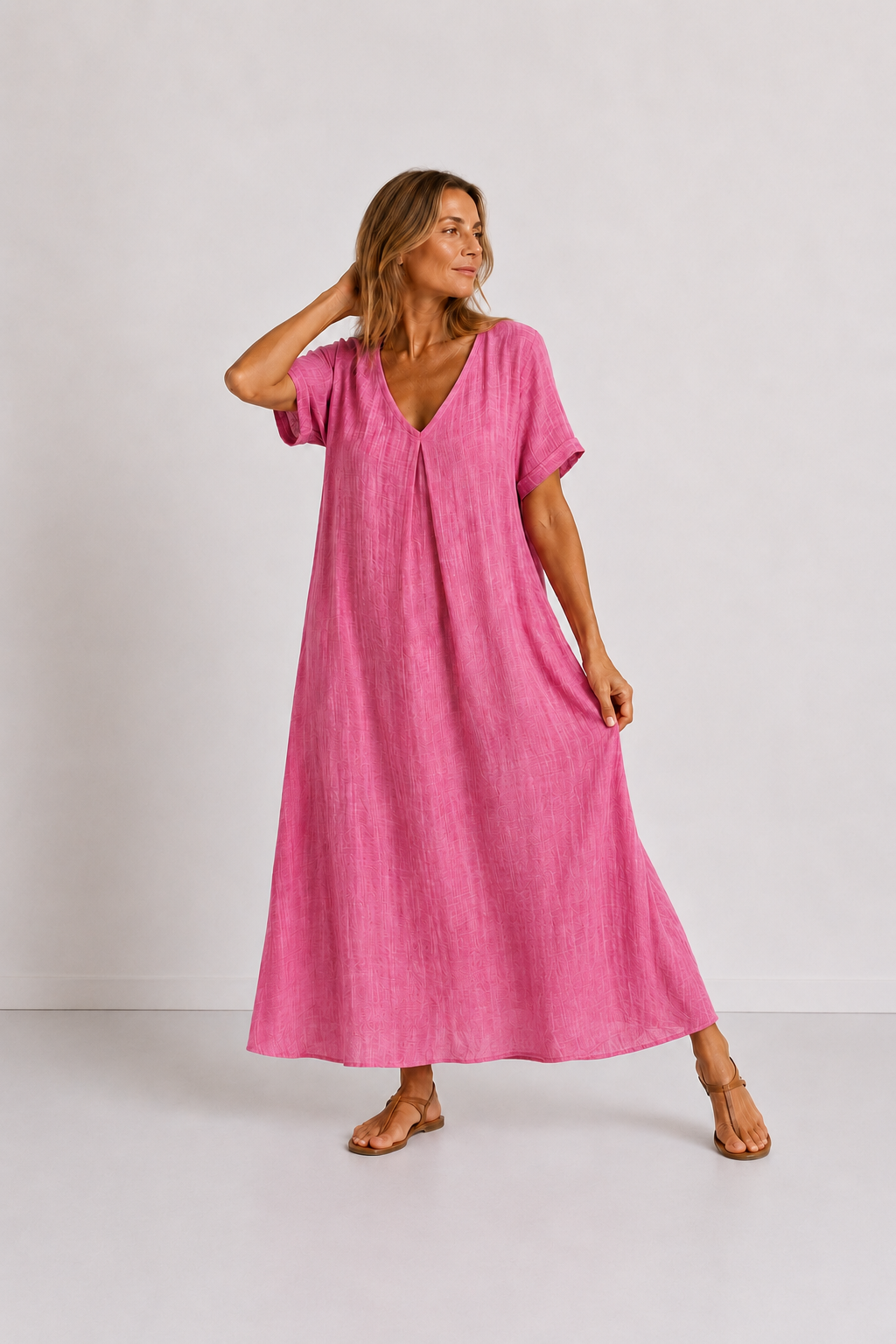 Violet flowy V-neck maxi dress, styled look