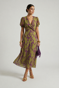 Virel floral wrap midi dress in olive green with purple floral print, front view
