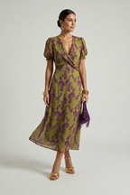 Virel floral wrap midi dress in olive green with purple floral print, front view