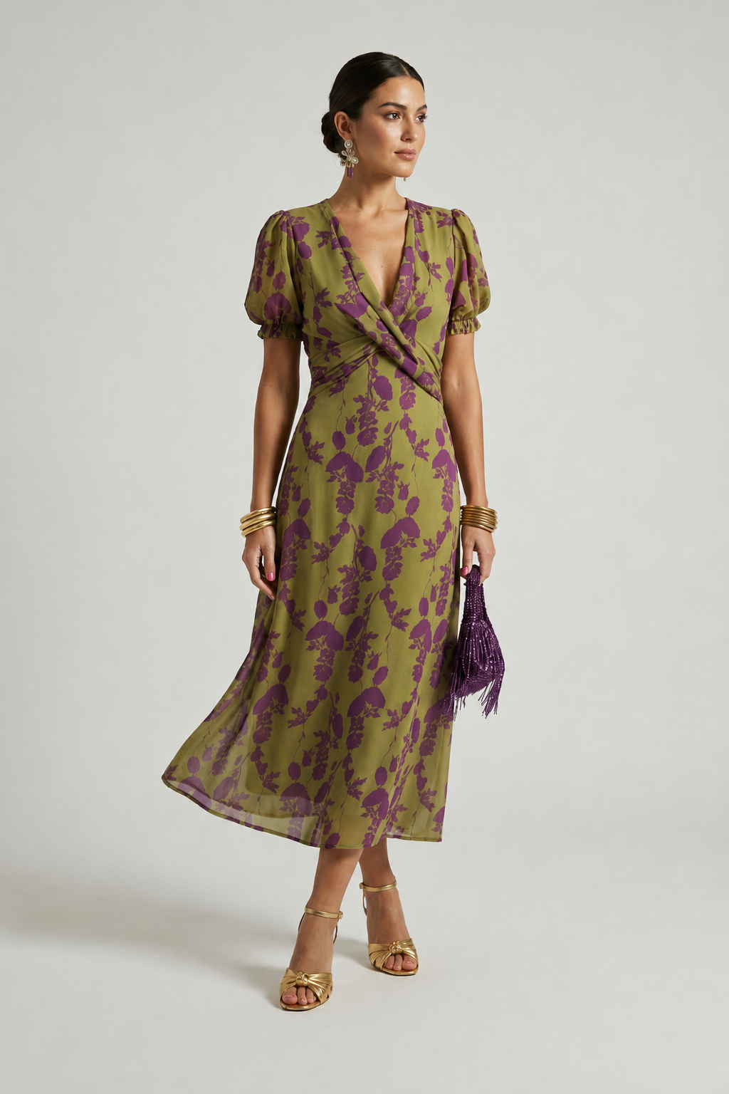 Virel floral wrap midi dress in olive green with purple floral print, front view