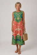 Vera sleeveless bohemian print midi dress in green, red and blue ornamental floral pattern