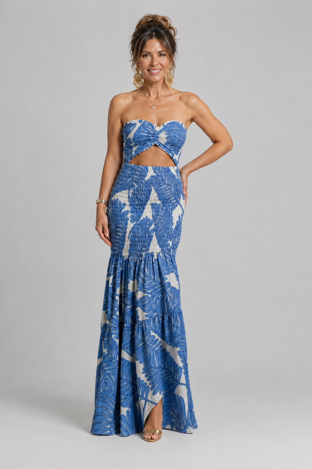 Azaria strapless printed two-piece maxi set in blue leaf print, front view