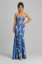 Azaria strapless printed two-piece maxi set in blue leaf print, front view